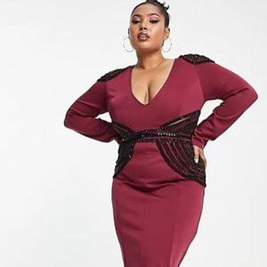 ASOS DESIGN Curve plunge neck long sleeve embellished midi dress in Plum